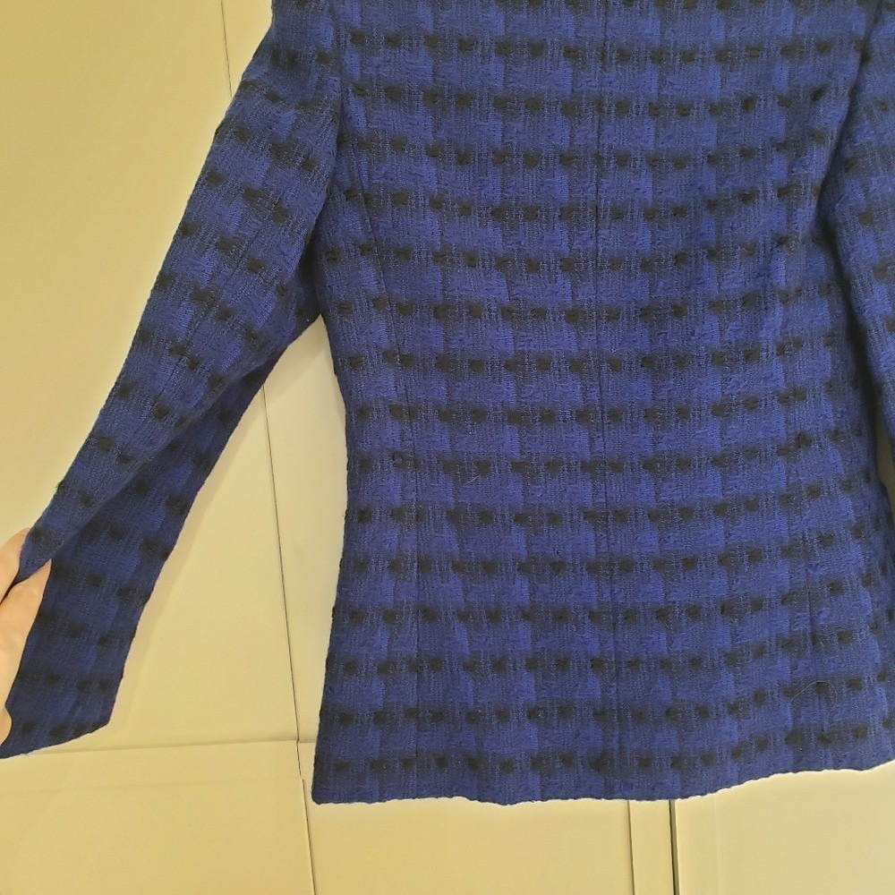 Jaeger London Blazer Jacket Blue Black Patterned Velvet Trim Cobalt - Picture 11 of 13